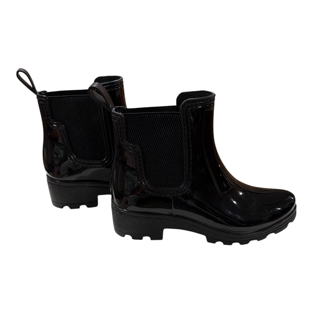 London Fog Black Glossy Chelsea Rain Boots Womens Size 7 Waterproof Ankle Boot - Picture 4 of 6